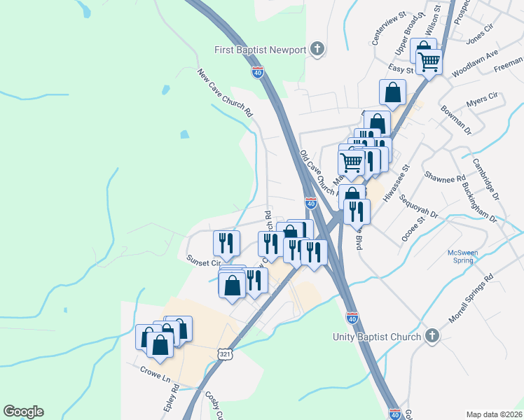 map of restaurants, bars, coffee shops, grocery stores, and more near 800-814 New Cave Church Road in Newport