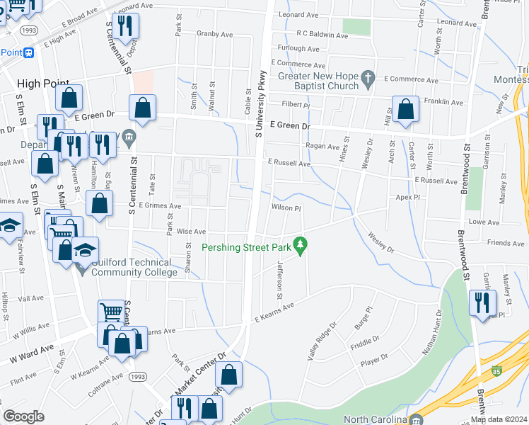 map of restaurants, bars, coffee shops, grocery stores, and more near 904 Richland Street in High Point