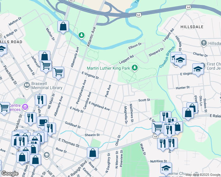 map of restaurants, bars, coffee shops, grocery stores, and more near 631 Park Avenue in Rocky Mount