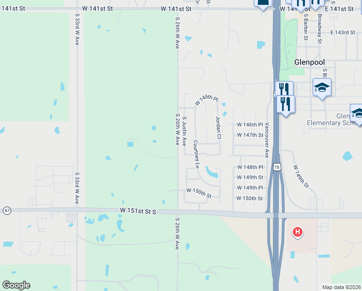 map of restaurants, bars, coffee shops, grocery stores, and more near 14728 South Justin Avenue in Glenpool
