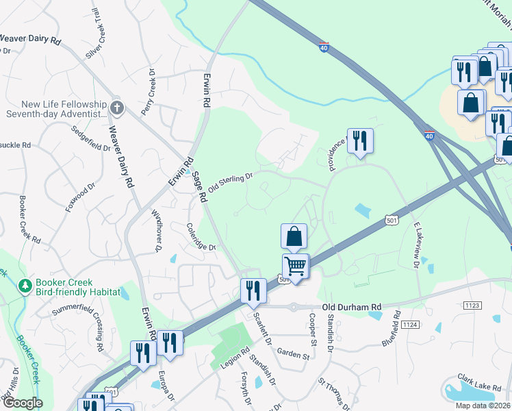 map of restaurants, bars, coffee shops, grocery stores, and more near 500 Providence Glen Drive in Chapel Hill