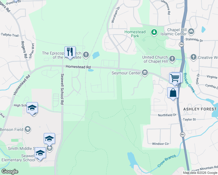 map of restaurants, bars, coffee shops, grocery stores, and more near 2217 State Road 1777 in Chapel Hill