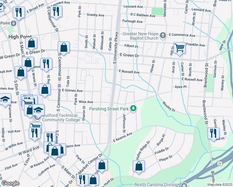 map of restaurants, bars, coffee shops, grocery stores, and more near 910 B Richland Street in High Point