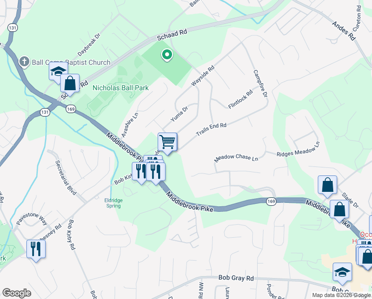 map of restaurants, bars, coffee shops, grocery stores, and more near 9546 Trails End Road in Knoxville