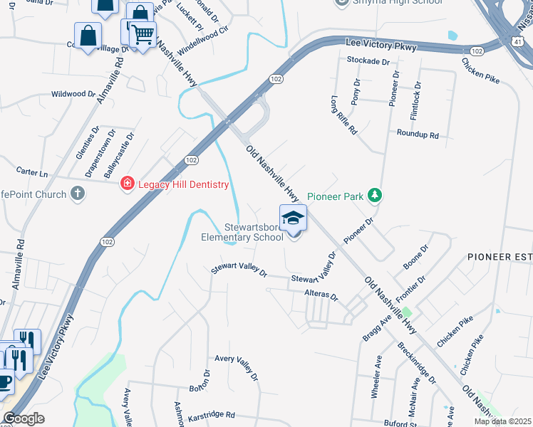 map of restaurants, bars, coffee shops, grocery stores, and more near 1012 Rosemont Terrace in Smyrna
