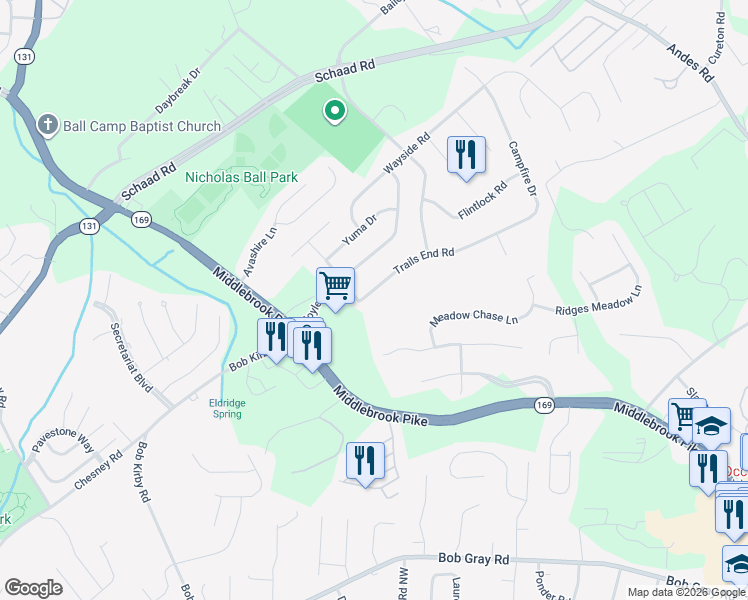 map of restaurants, bars, coffee shops, grocery stores, and more near 9546 Trails End Road in Knoxville