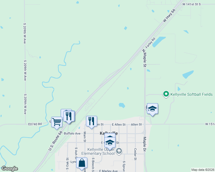 map of restaurants, bars, coffee shops, grocery stores, and more near 20300 Oklahoma 66 in Kellyville