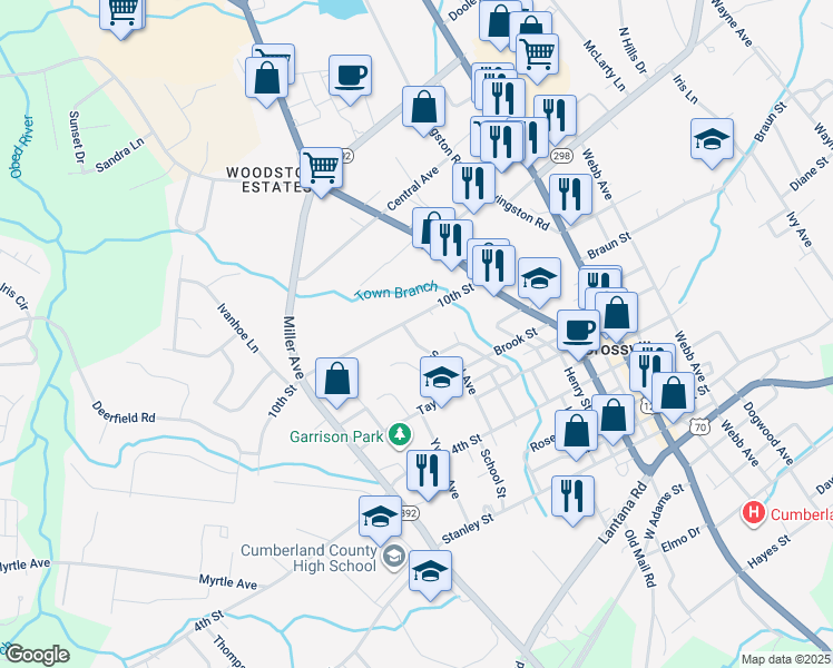 map of restaurants, bars, coffee shops, grocery stores, and more near 274 School Avenue in Crossville