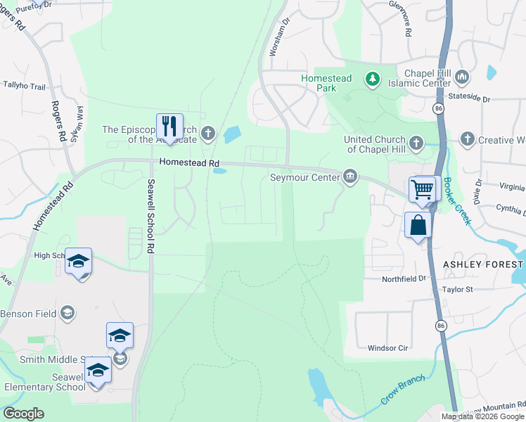map of restaurants, bars, coffee shops, grocery stores, and more near 2217 State Road 1777 in Chapel Hill