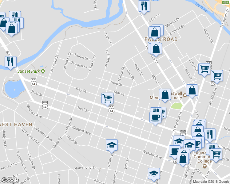 map of restaurants, bars, coffee shops, grocery stores, and more near 498 North Pine Street in Rocky Mount