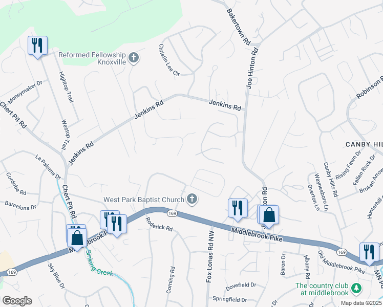 map of restaurants, bars, coffee shops, grocery stores, and more near 1515 Caribou Lane in Knoxville