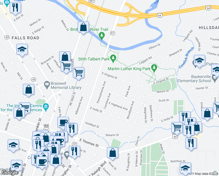 map of restaurants, bars, coffee shops, grocery stores, and more near 608 Carolina Avenue in Rocky Mount