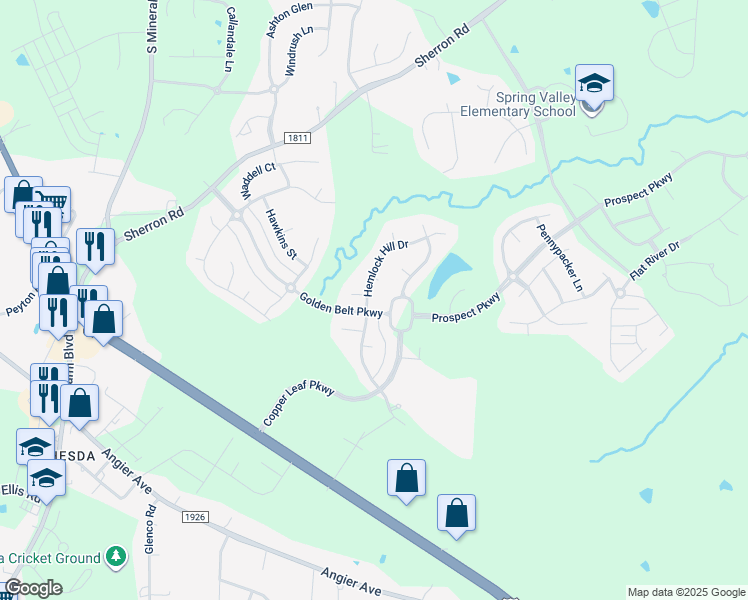 map of restaurants, bars, coffee shops, grocery stores, and more near 1801 Hemlock Hill Drive in Durham
