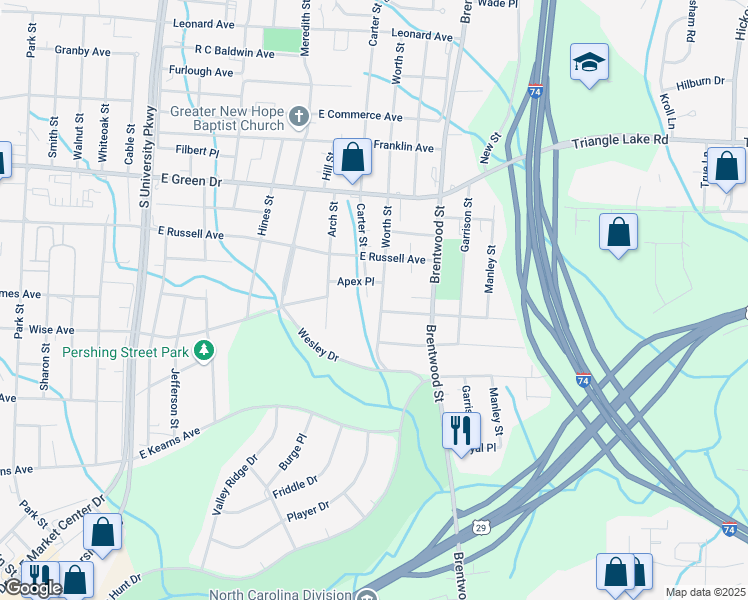 map of restaurants, bars, coffee shops, grocery stores, and more near 903 Arch Street in High Point
