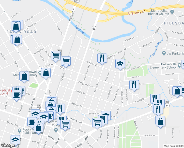 map of restaurants, bars, coffee shops, grocery stores, and more near in Rocky Mount