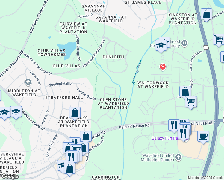 map of restaurants, bars, coffee shops, grocery stores, and more near 12516 Angel Falls Road in Raleigh