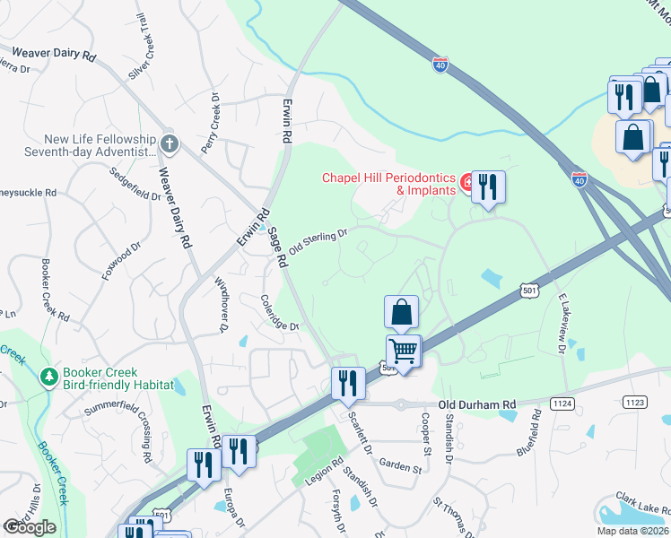 map of restaurants, bars, coffee shops, grocery stores, and more near 500 Providence Glen Drive in Chapel Hill