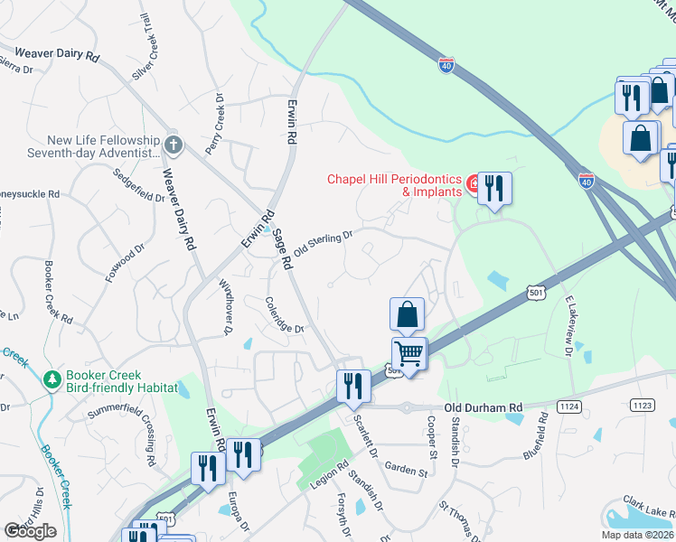 map of restaurants, bars, coffee shops, grocery stores, and more near 500 Providence Glen Drive in Chapel Hill