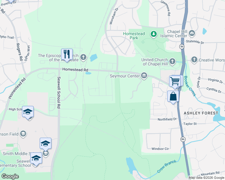 map of restaurants, bars, coffee shops, grocery stores, and more near 2217 State Road 1777 in Chapel Hill