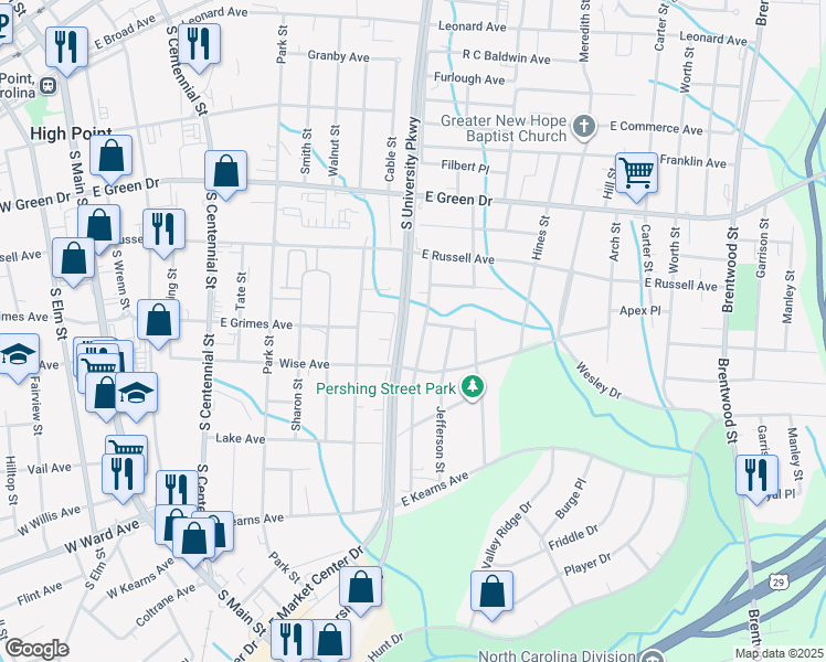 map of restaurants, bars, coffee shops, grocery stores, and more near 910 B Richland Street in High Point