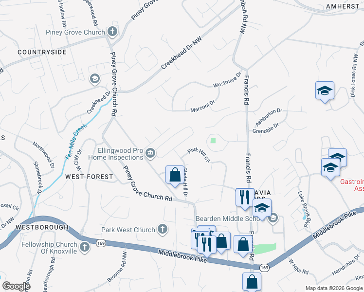 map of restaurants, bars, coffee shops, grocery stores, and more near 1214 Glade Hill Drive in Knoxville