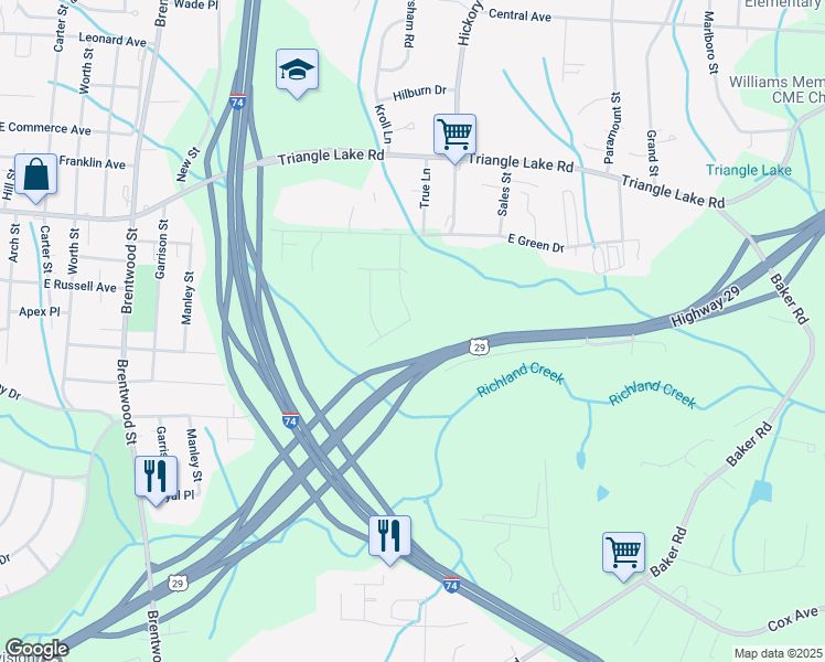 map of restaurants, bars, coffee shops, grocery stores, and more near 1801 Interstate 85 Business Loop in High Point