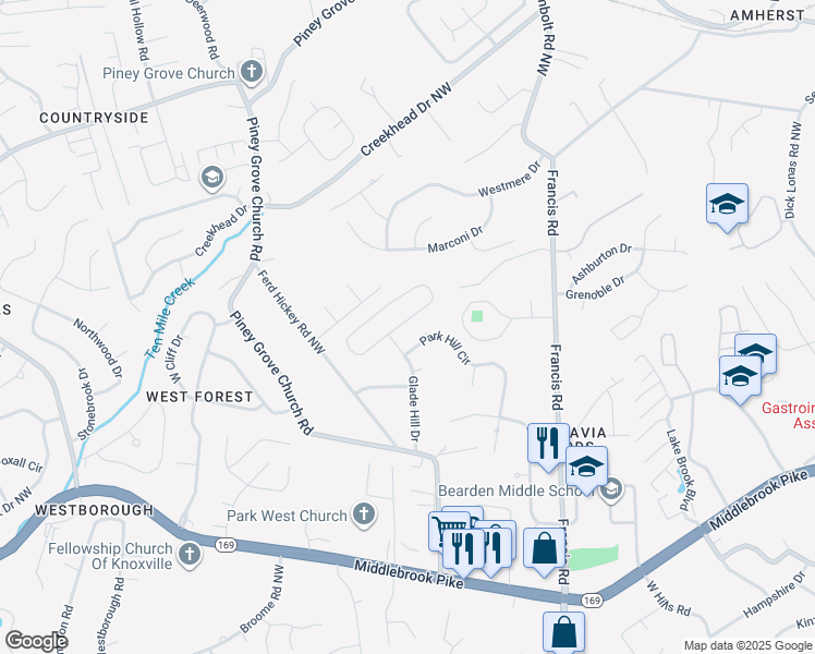 map of restaurants, bars, coffee shops, grocery stores, and more near 1214 Glade Hill Drive in Knoxville