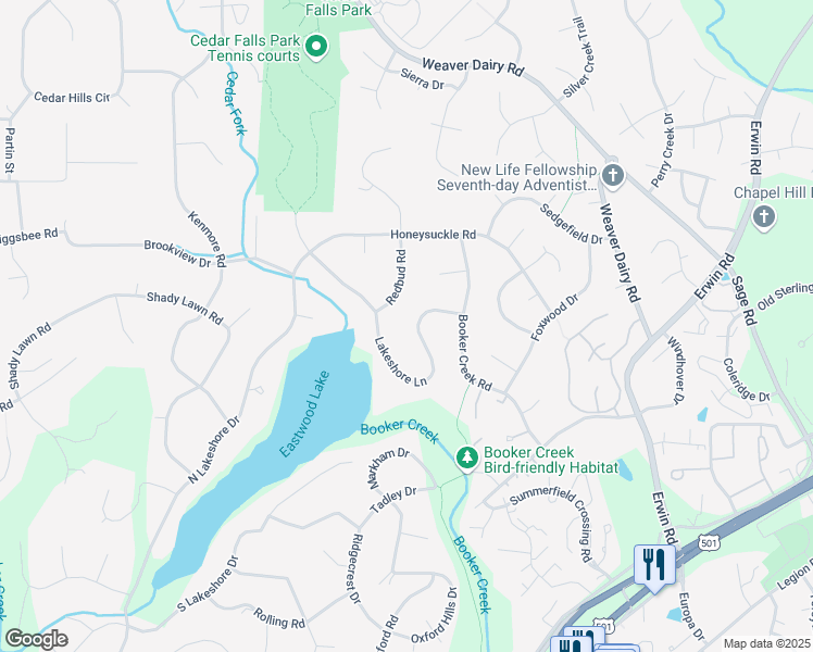 map of restaurants, bars, coffee shops, grocery stores, and more near 404 Lakeshore Lane in Chapel Hill