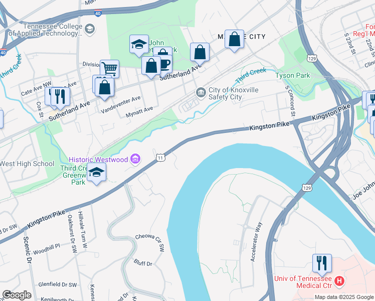map of restaurants, bars, coffee shops, grocery stores, and more near 3148 Kingston Pike in Knoxville