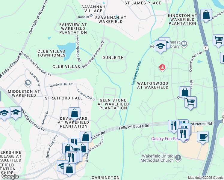 map of restaurants, bars, coffee shops, grocery stores, and more near 12516 Angel Falls Road in Raleigh