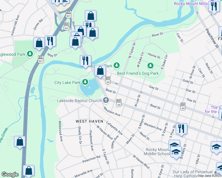 map of restaurants, bars, coffee shops, grocery stores, and more near 1520 Beal Street in Rocky Mount
