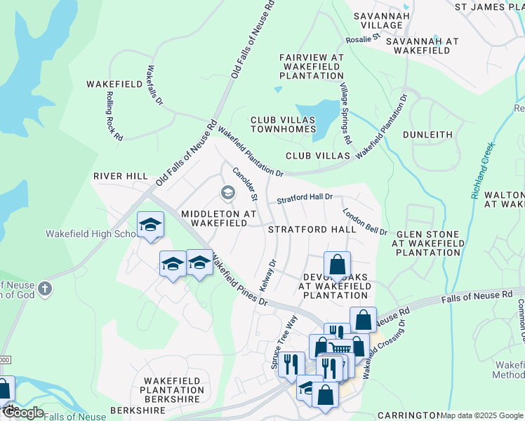map of restaurants, bars, coffee shops, grocery stores, and more near 12408 Canolder Street in Raleigh