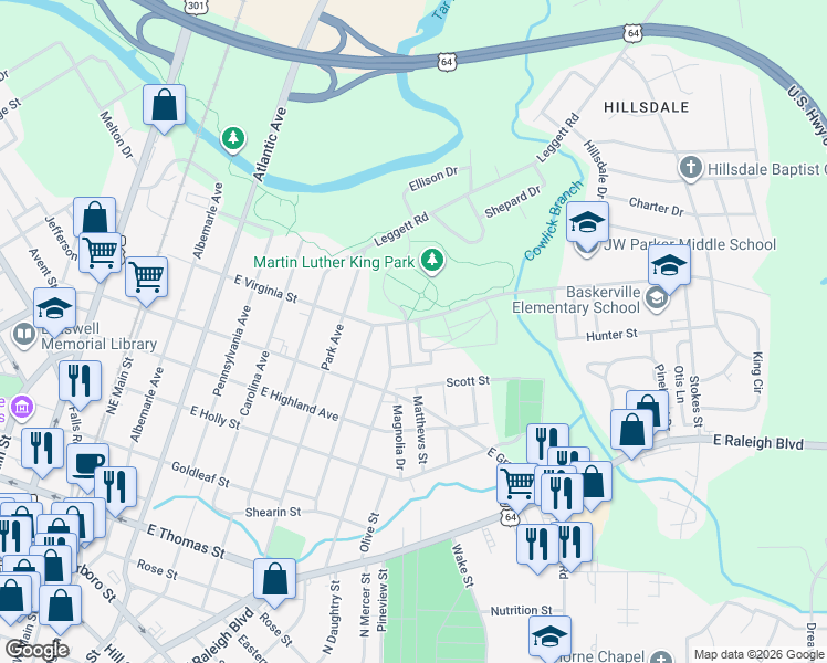 map of restaurants, bars, coffee shops, grocery stores, and more near Kalford Street in Rocky Mount