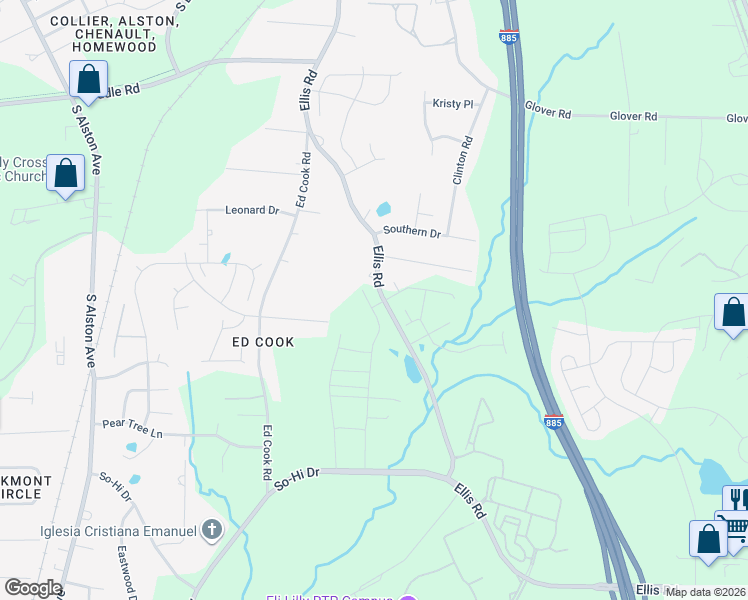 map of restaurants, bars, coffee shops, grocery stores, and more near 1407-1443 Ellis Road in Durham