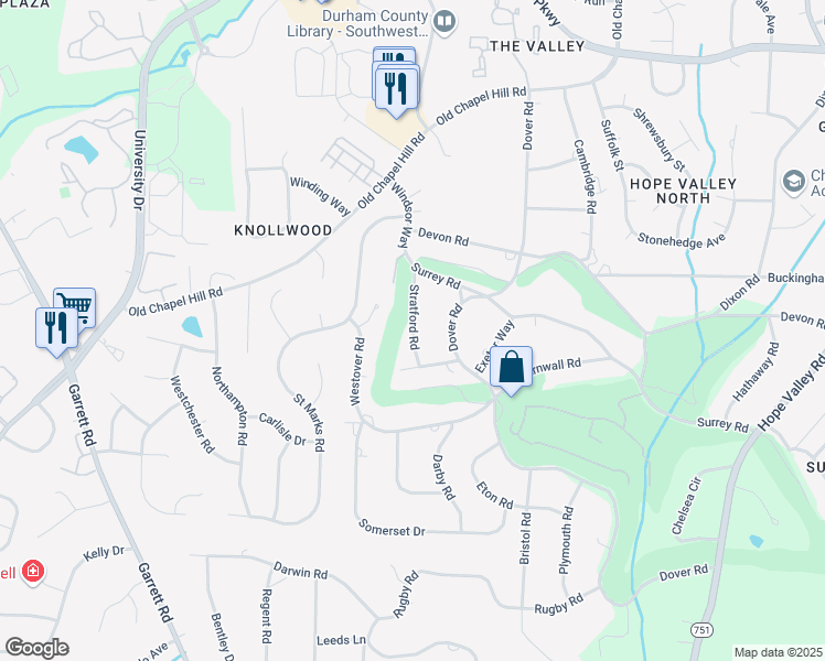 map of restaurants, bars, coffee shops, grocery stores, and more near 3618 Stratford Road in Durham