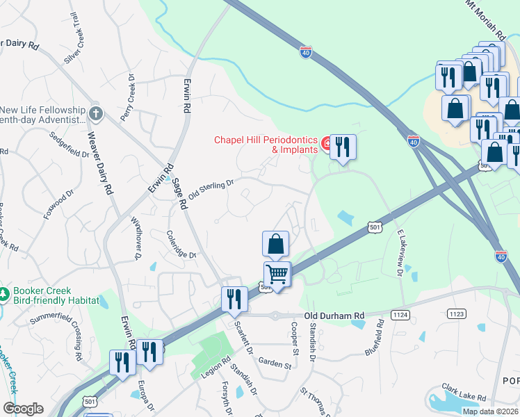 map of restaurants, bars, coffee shops, grocery stores, and more near 624 Ives Court in Chapel Hill