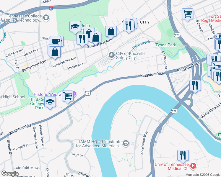 map of restaurants, bars, coffee shops, grocery stores, and more near 3128 Kingston Pike in Knoxville