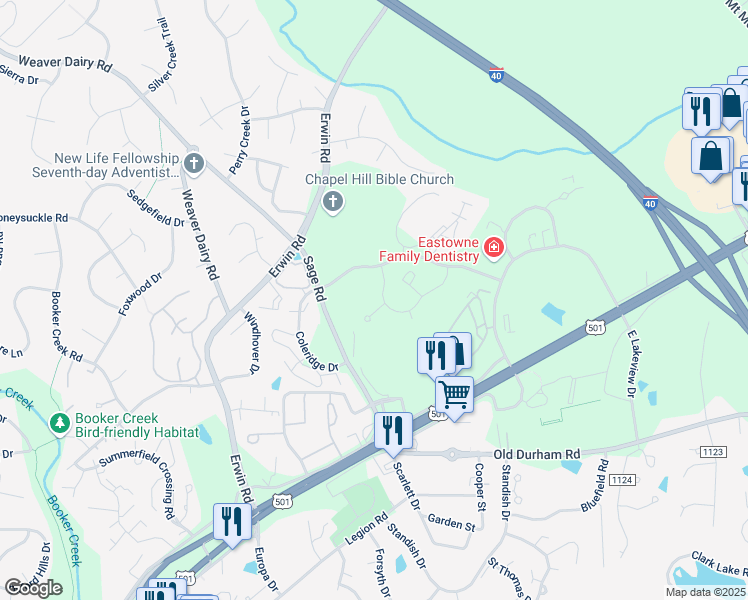 map of restaurants, bars, coffee shops, grocery stores, and more near 500 Providence Glen Drive in Chapel Hill