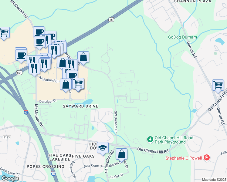 map of restaurants, bars, coffee shops, grocery stores, and more near Southwest Durham Drive in Durham