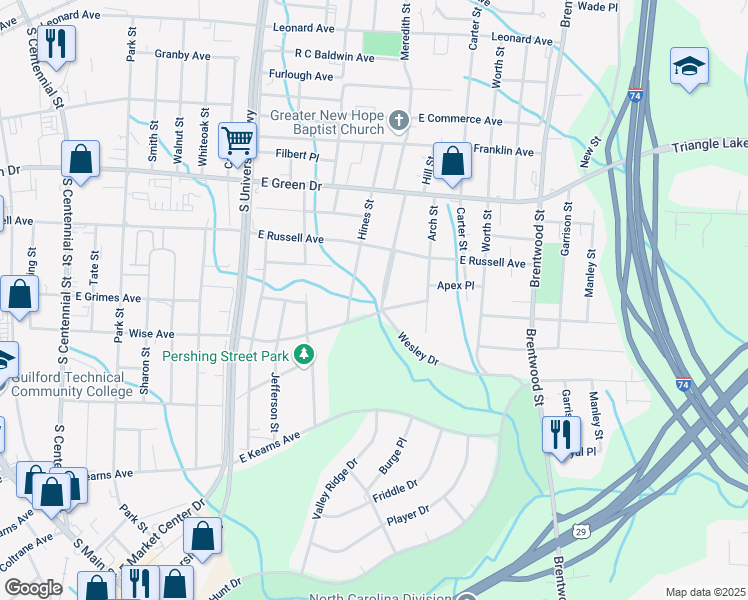 map of restaurants, bars, coffee shops, grocery stores, and more near 1406 Wise Avenue in High Point
