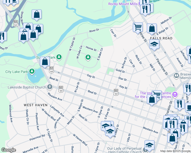 map of restaurants, bars, coffee shops, grocery stores, and more near 1132 Gay Street in Rocky Mount