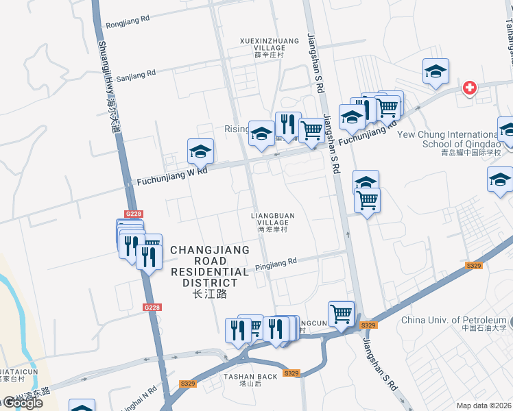 map of restaurants, bars, coffee shops, grocery stores, and more near E Mei Shan Lu in Qing Dao Shi