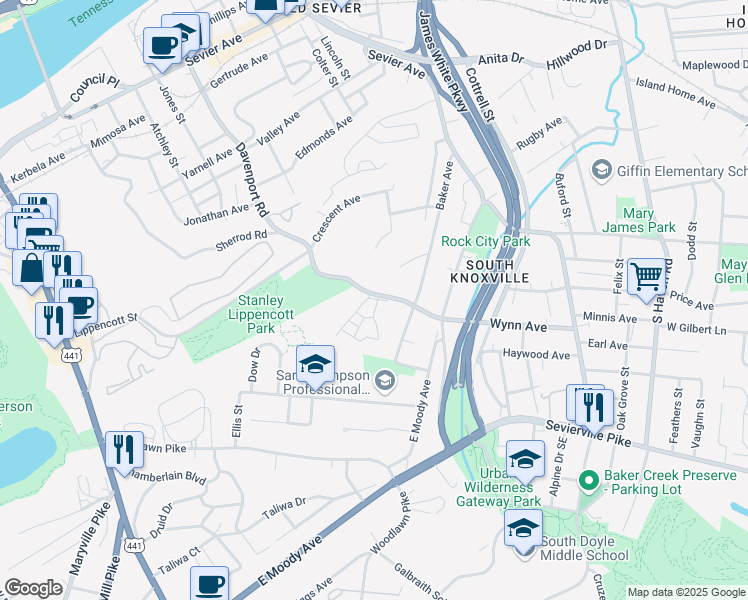 map of restaurants, bars, coffee shops, grocery stores, and more near 3029 Davenport Road in Knoxville