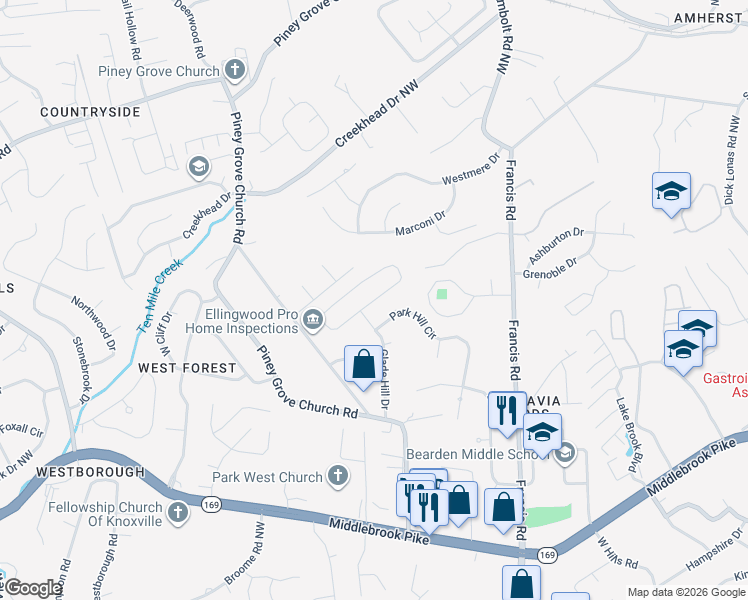 map of restaurants, bars, coffee shops, grocery stores, and more near 7500 Chatham Circle Northwest in Knoxville