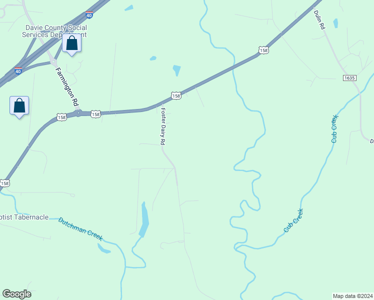 map of restaurants, bars, coffee shops, grocery stores, and more near Foster Dairy Road in Mocksville