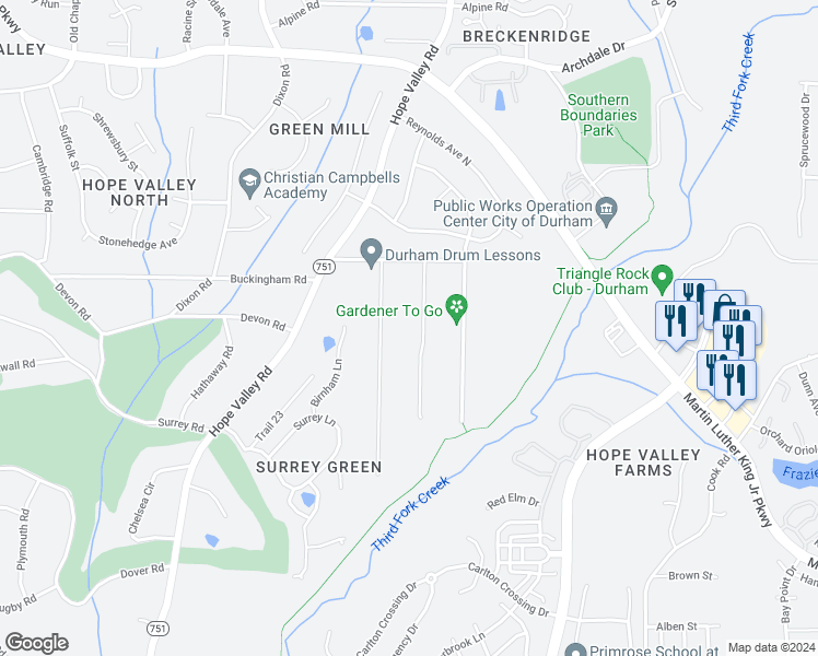 map of restaurants, bars, coffee shops, grocery stores, and more near 3524 Manford Drive in Durham