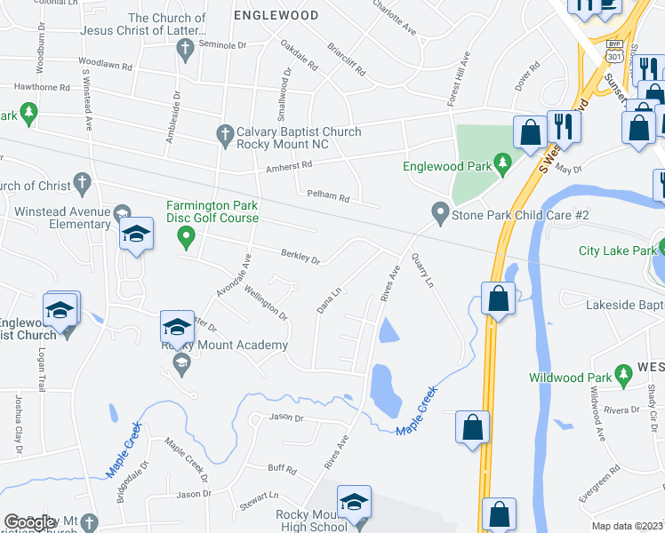 map of restaurants, bars, coffee shops, grocery stores, and more near 2833 Berkley Drive in Rocky Mount