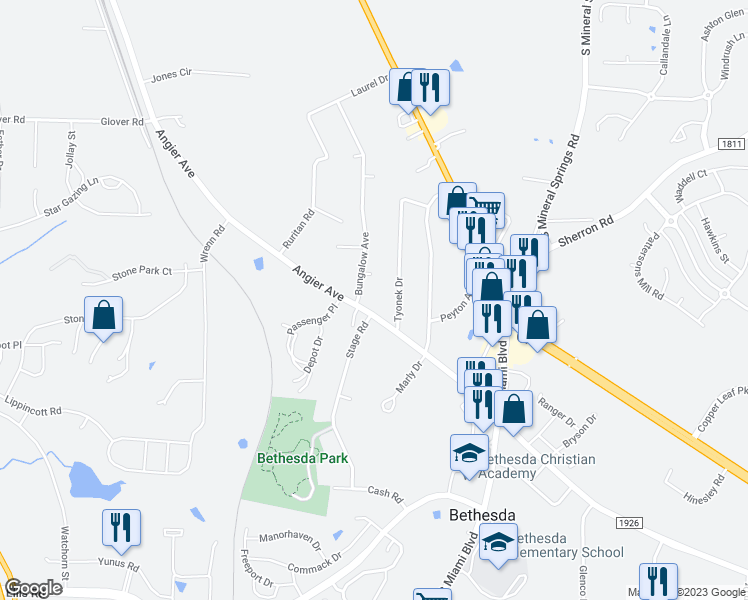 map of restaurants, bars, coffee shops, grocery stores, and more near 3907 Angier Avenue in Durham