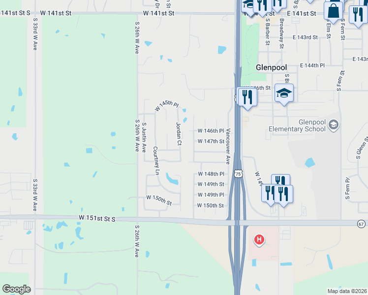 map of restaurants, bars, coffee shops, grocery stores, and more near 14741 Jordan Court in Glenpool