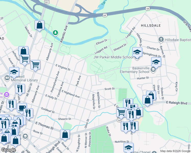 map of restaurants, bars, coffee shops, grocery stores, and more near Kalford Street in Rocky Mount